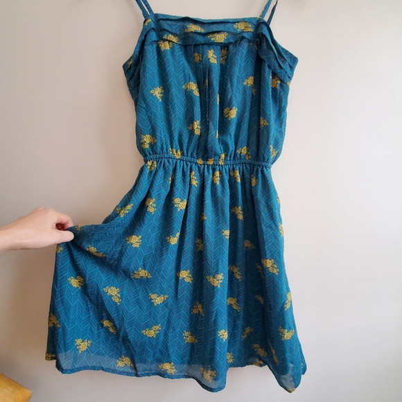 Mossimo Pine Green with yellow floral pattern spaghetti strap Dress, Medium - Picture 3 of 8